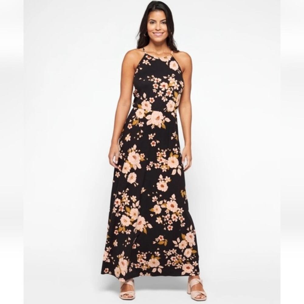 French Grey Zoe Knit Maxi Dress Black Peach Pink Floral Back Keyhole Stitch Fix